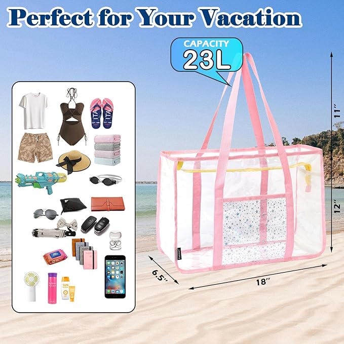 Clear Beach Bag for Women, Large Pool Tote Cruise Vacation Essentials - Zipper Closure, Waterproof, Sandproof