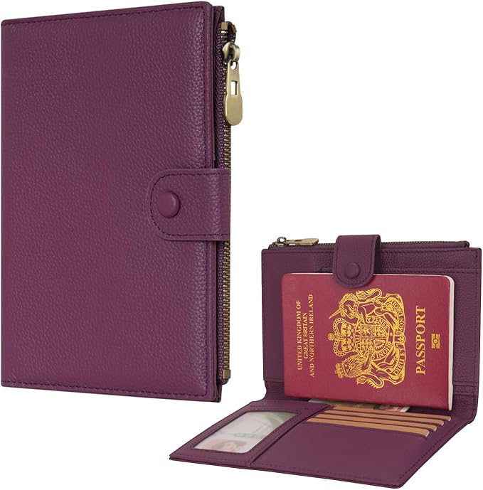 WASON Leather Passport Cover Travel Wallet RFID Blocking – Passport Holder Slot with Zipper Pocket for lD, Boarding Pass,Ticket, Cash, SD Card, Travel Essentials for Men and Women (Purple)