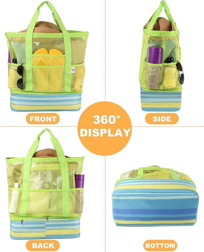 Beach Bag with Cooler, Mesh Beach Bag for Women Cruise Pool, Packable Waterproof Sandproof Travel Tote Bag with 8 Pockets