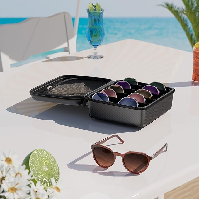 Travel Sunglasses Organizer, Hard Shell Sunglass Case Adjustable Slots for Multiple Sunglass Eyeglass Case
