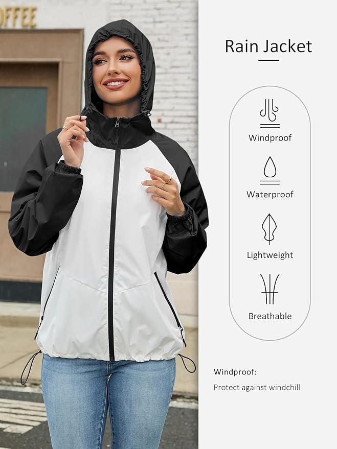 PITINAN Lightweight Rain Jacket Women Packable Wind Breaker Light Rain Jacket Women Waterproof Travel Raincoat S-XXL