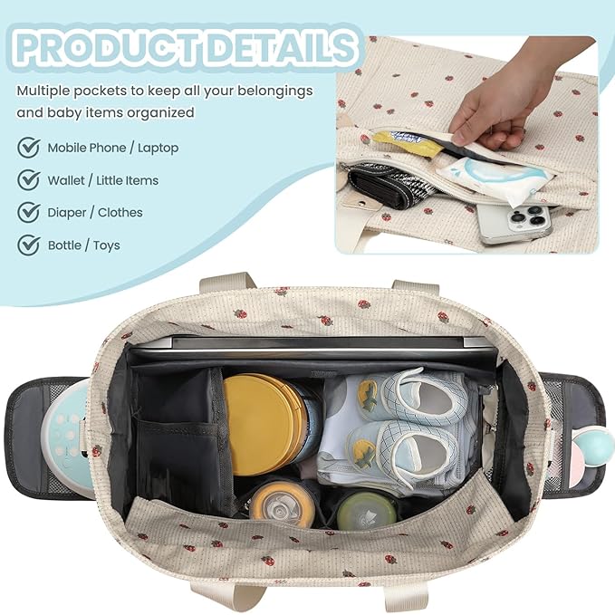 Large Travel Diaper Bag Tote with 14 Inch Laptop Sleeve, Breast Pump Bag for Mom and Dad, Mommy Maternity Travel Baby Bag for Boys and Girls, Strawberry