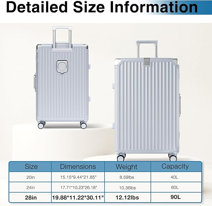 Krute Aluminum Frame Luggage 28 Inch Checked Suitcase With Wheels No Zipper PC Hard Shell Suitcases with Cup Holder and Charger Zipperless Large Travel Luggage
