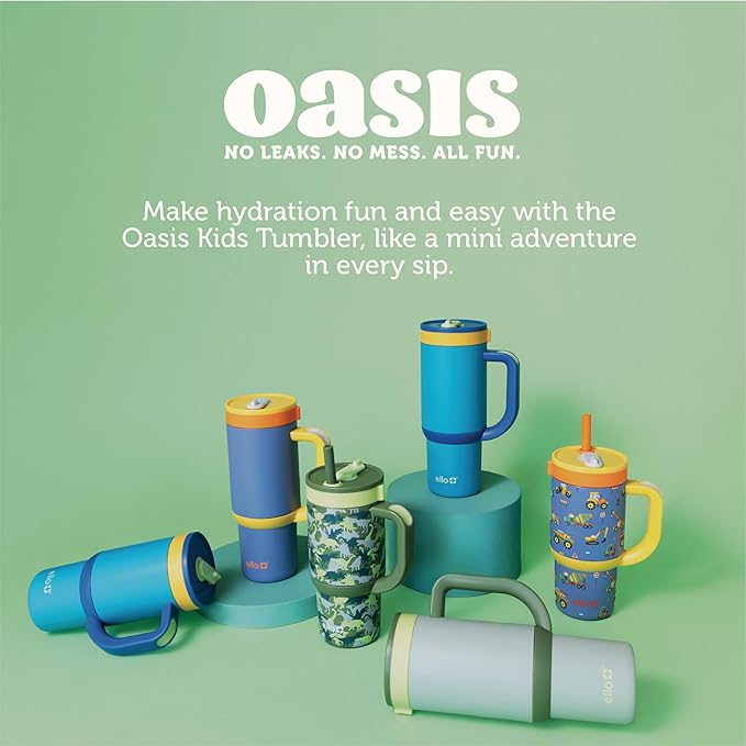 Ello Oasis 14oz Stainless Steel Toddler Tumbler with Handle & Retracting Straw, 100% Leakproof, Double-Wall Vacuum Insulated, Kids Water Bottle for School, BPA Free, Dishwasher Safe, Dinos