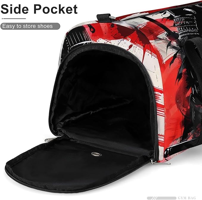 Japan Samurai Sport Gym Bag for Men Women Japanese Flag Travel Duffel Bag with Wet Pocket Shoes Compartment Carry on Pack for Workout Overnight Weekend Trip