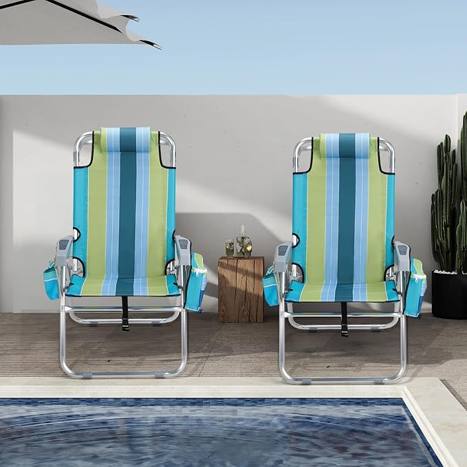VINGLI Tall Beach Chair 1 Pack, with 5-Position, Cooler Bag, Cup Holders, Towel Bar, Lightweight Folding Beach Camping Chairs for Adults