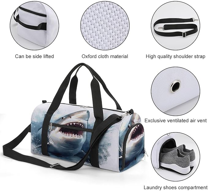 Shark in The Sea Gym Bag Lightweight ，Travel Duffle Bag with Shoe Compartment，Gym Bag for Women for Overnight, Weekend, Yoga, Gym, Business Trips, Sport And Hospital.