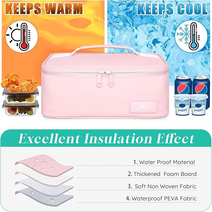 NOL Natural Organic Lifestyle Insulated Lunch Bag for Adults – Compact Cooler Lunch Box with Food-Grade Lining, Waterproof Lunch Bag for Work, Travel | Portable Thermal Meal Tote with Handle, Pink