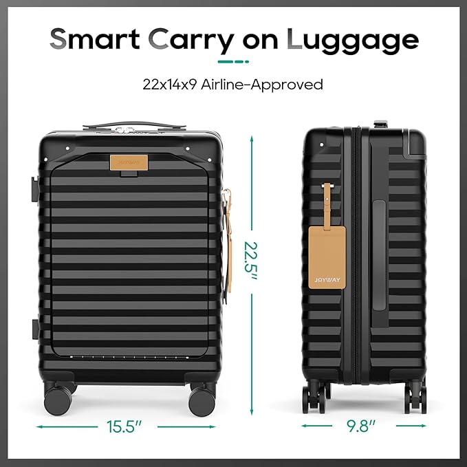 Joyway 20 Inch Carry on Luggage with Front Pocket, PC Hardshell Carry-on Suitcase with USB Port and Cup Holder, 21.5x14.2x9 Airline Approved, Luggage with Spinner Wheels and TSA Lock (Black)