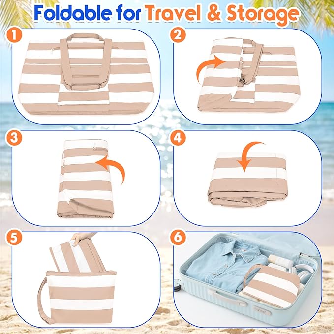 BKNOOU Extra Large Beach Bags Waterproof Sandproof XL Beach Tote Bag for Women Zipper Foldable Swim Pool Bag with Wet Pocket