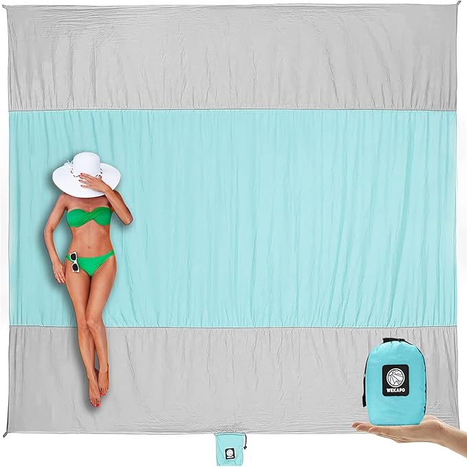 WEKAPO Beach Blanket Sandproof Waterproof, Extra Large Beach Mat, Oversized & Compact Sand Free, Quick Drying Beach Essentials for Vacation, Cruise, Picnic & Camping with Stakes