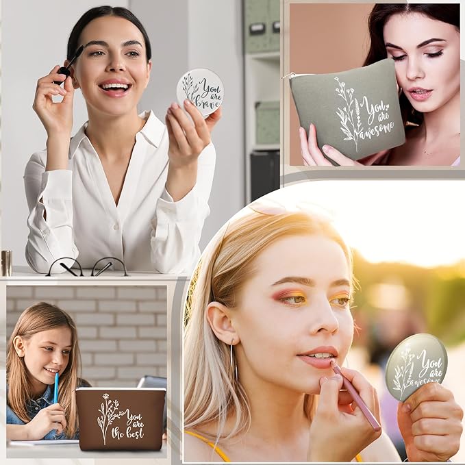 40 Pcs Employee Appreciation Gifts For Women Inspirational Canvas Makeup Bags Portable Compact Mirror Bulk Cosmetic Bags Thank You Gifts for Social Worker Coworkers (Bohemian,Boho)