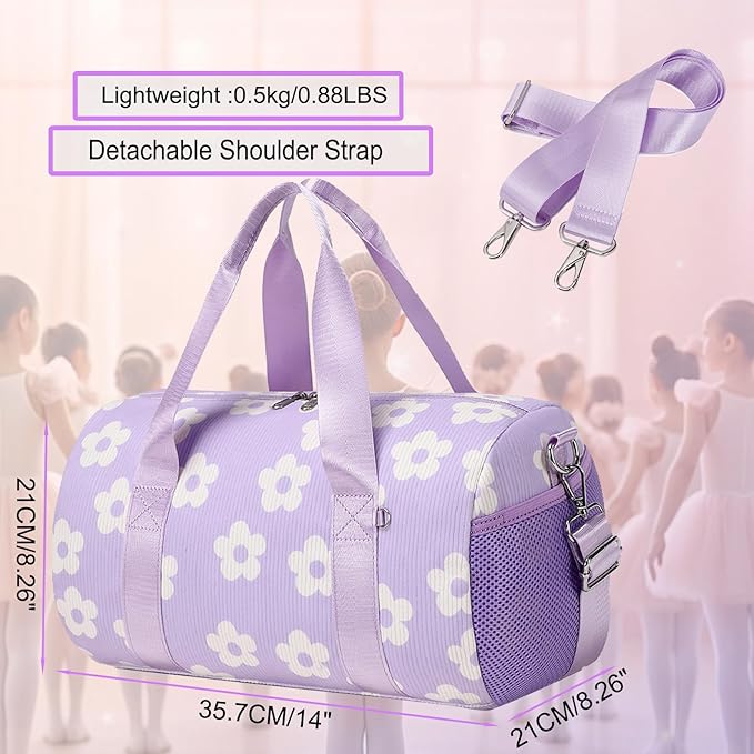 Dance Ballet Bag for Girls Purple Corduroy Dance Bag for Girls 4-6 Toddler Small Duffle Ballerina Bags with Waterproof Dry Wet Separated Compartment