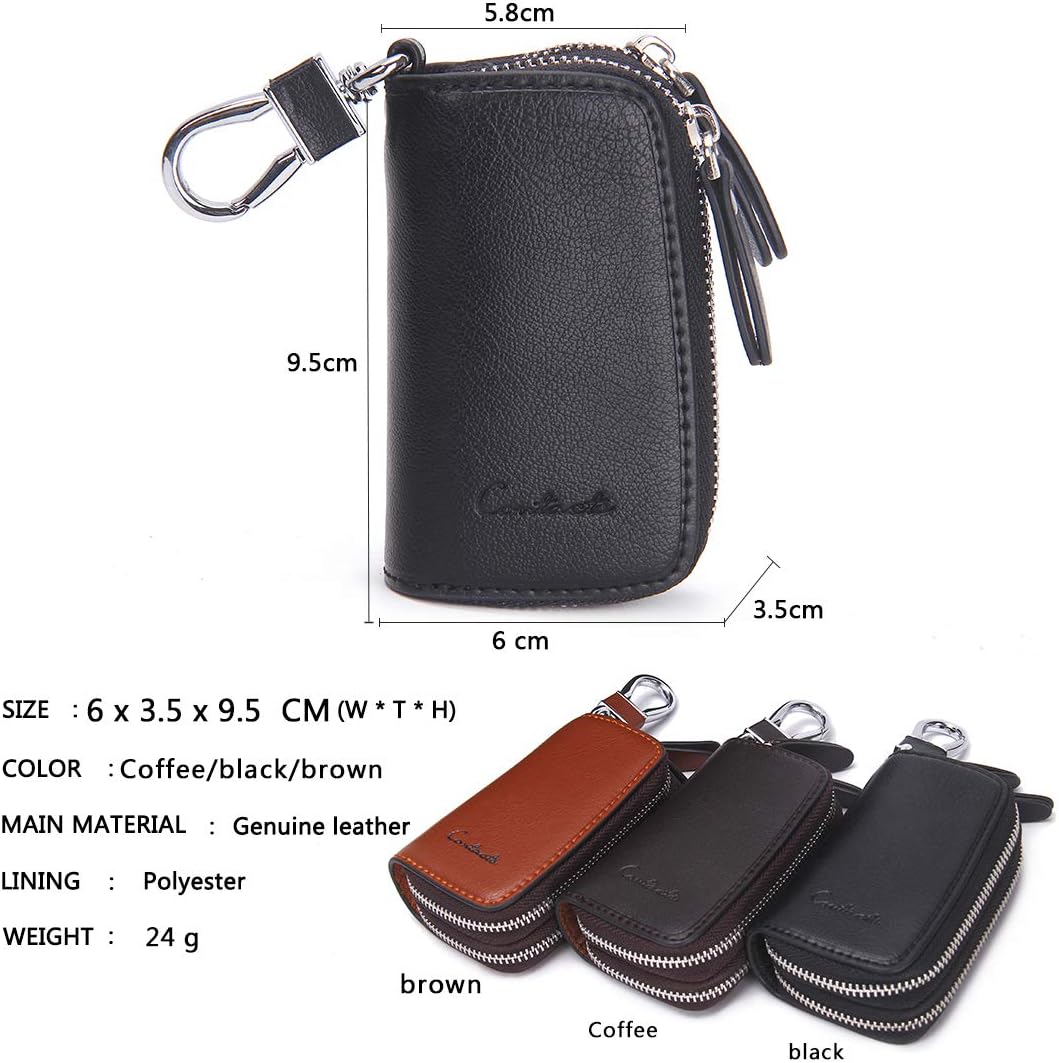 CONTACTS Car Key Case Small Leather Double Zipper Key Holder with 4 Keyrings Keys Organizer for Men Women