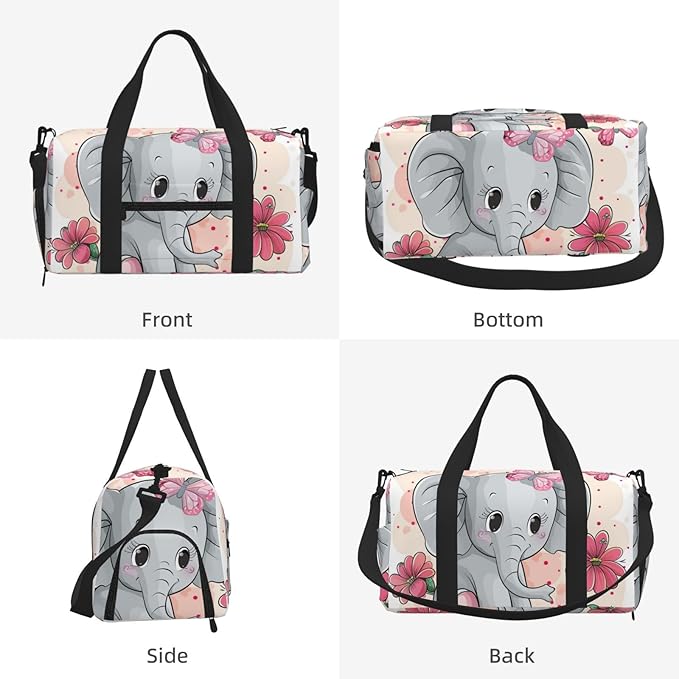 Sports Gym Bag Cute Elephant Pink Flower Butterfly Travel Duffel Bag With Shoe Compartment Shoulder Strap, Lightweight Water-Resistant Weekend Overnight Totes For Women Men