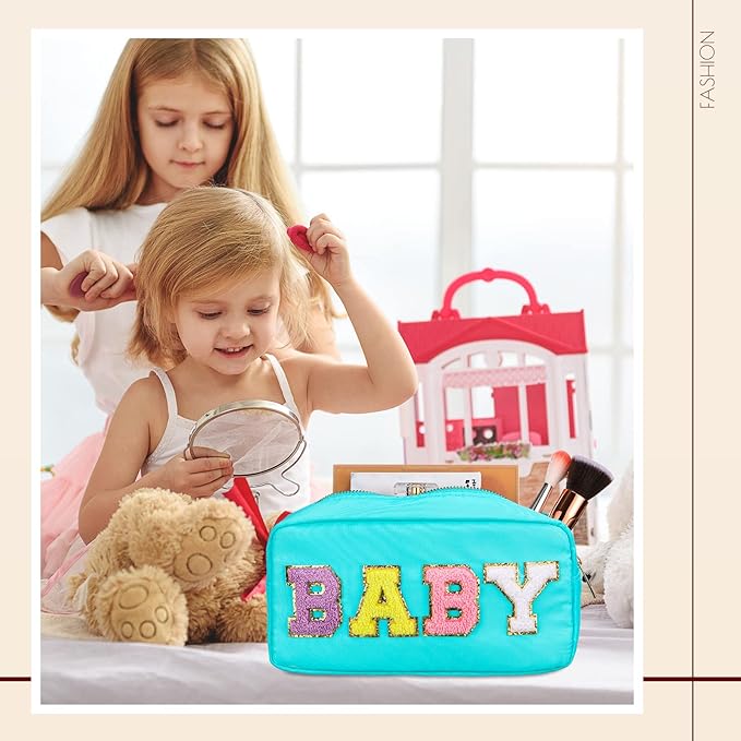 Sanwuta 2 Pieces Mama Gifts Makeup Bag Mom Pouch Birthday Gifts Nylon Cosmetic Bag Mothers Day Appreciation Toiletry Preppy Patch Chenille Letter for Women Her New Mom(Pink, Blue,Baby and Mama)