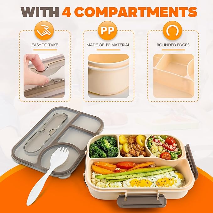 EASYFUN Bento Box Adult, Lunch Box, 4-Compartment Lunch Containers, Drop-Proof, Dishwasher Safe & Made with BPA-Free Materials(Khaki)