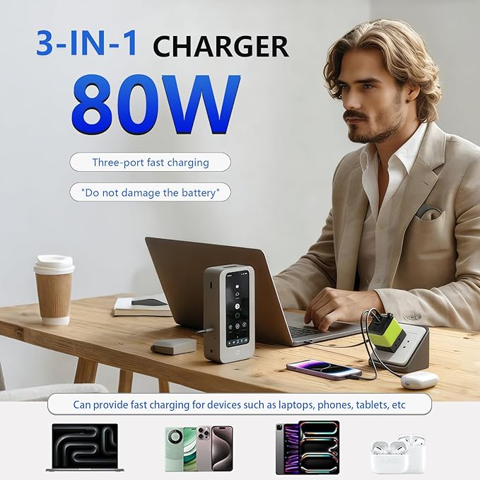 80W USB-C Retractable Fast Charger, PD Wall Charger with Built-in Retractable USB-C Cable, Portable Power Adapter for iPhone 17 Pro Max/16/15, Samsung, iPad, MacBook Air & USB-C Devices (Green, 10)