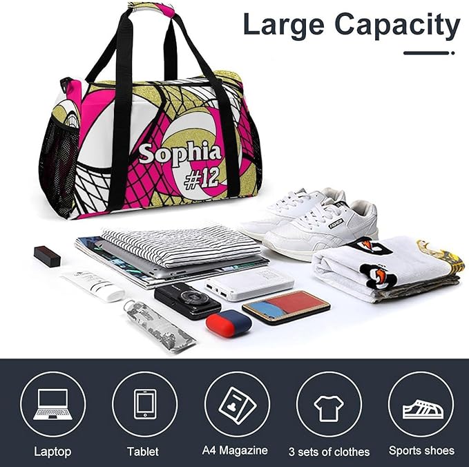 Custom Volleyball Rose Red Gold Duffel Bag with Name Personalized Travel Bags Sport Gym Bag Carry On Weekender Bags for Men Women