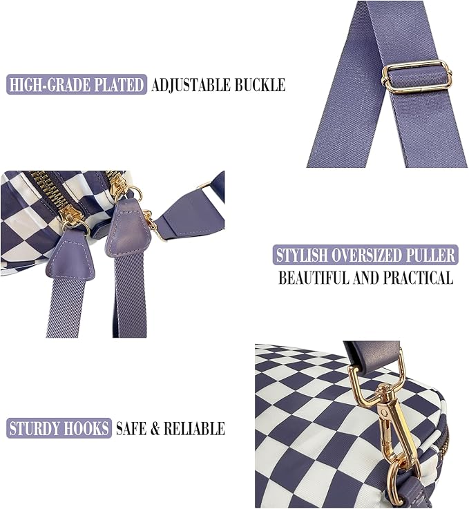 Checkered Crossbody Bag for Women, Spacious Sling & Stylish Bum Bag for Travel, Concerts, Festival, Nylon Fanny Pack Belt Bag (Colour Bum Bag-Cloudy Purple Checkered)