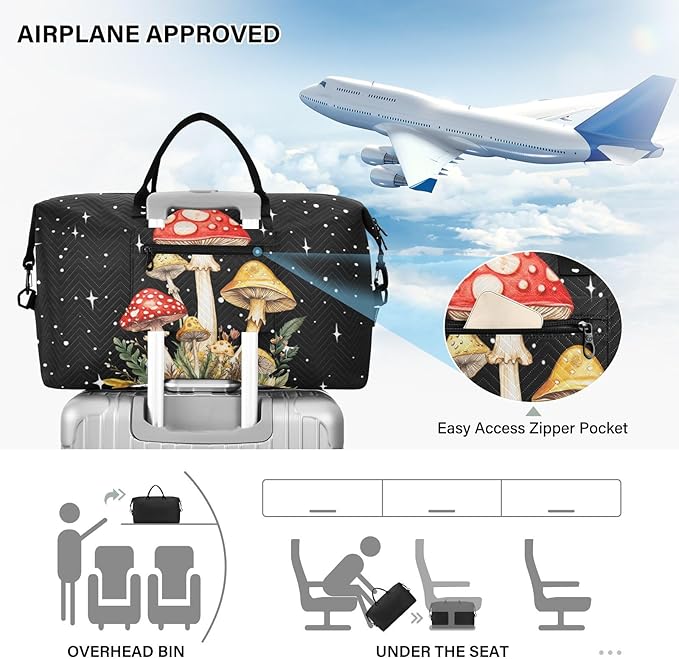 Mushroom Quilted Travel Bags Weekender Duffle Bags With Toiletry Bag Carry on Overnight Duffels Yoga Gym Bag for Airplanes Business Sports