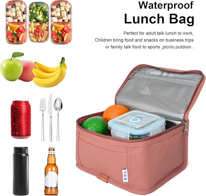 NOL Natural Organic Lifestyle Small Lunch Bag Mini Lunch Box Insulated Lunch Bag for Men/Women Leakproof Cooler Tote Bag Lightweight Nylon Waterproof Lunch Box For Work, Dark pink