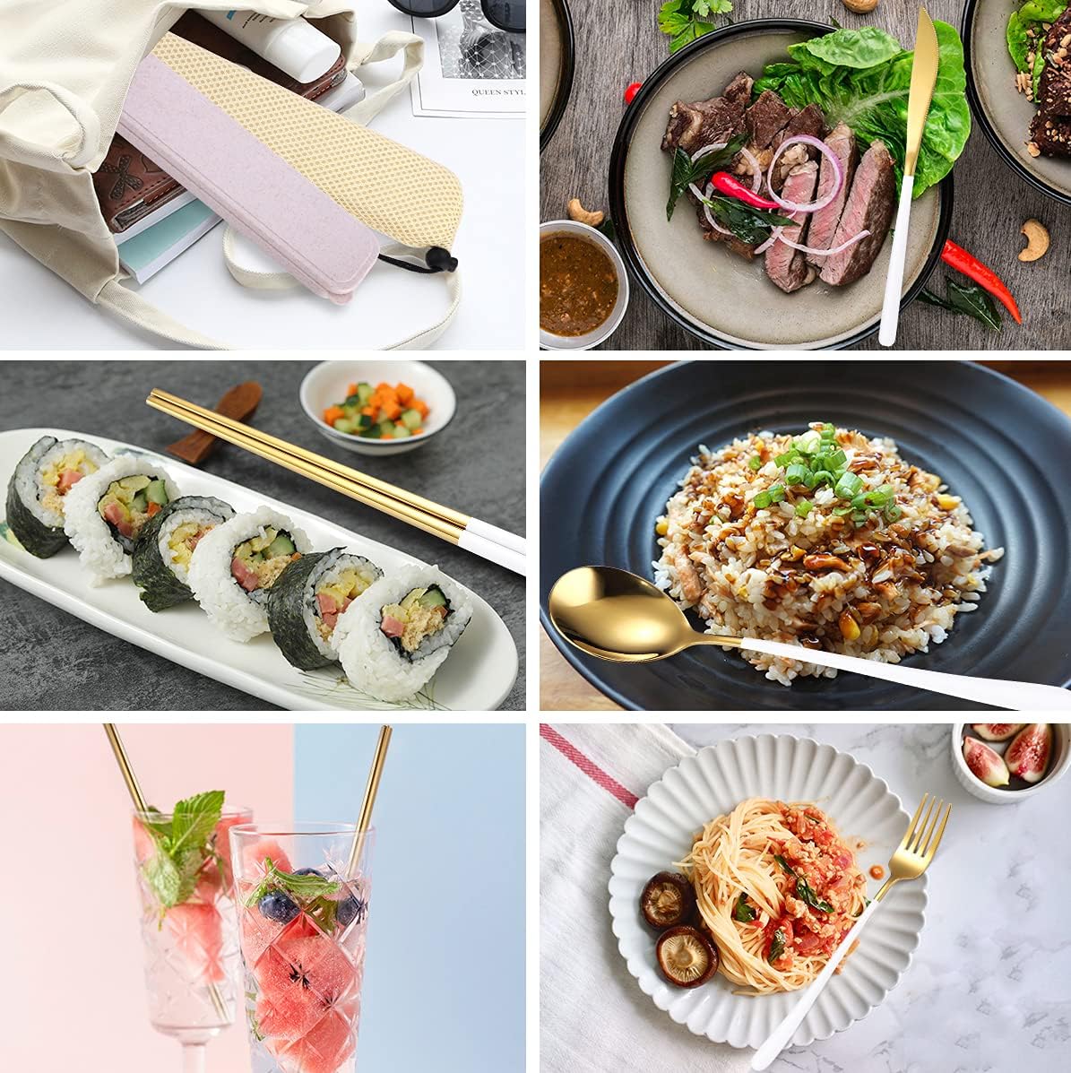 AARAINBOW 6 Pieces 18/8 Stainless Steel Flatware Set Portable Reusable Cutlery Set Travel Utensils Set Including Chopsticks Knife Fork Spoon Straws Cleaning Brush Dishwasher Safe (White golden)