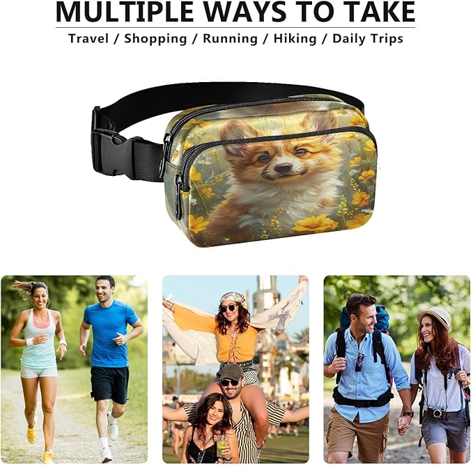 Cute Corgi Puppy Yellow Flowers Fanny Pack for Women Men Water Resistant Fashion Waist Packs with Adjustable Strap Belt Bag for Travel Workout Jogging Hiking 21219846