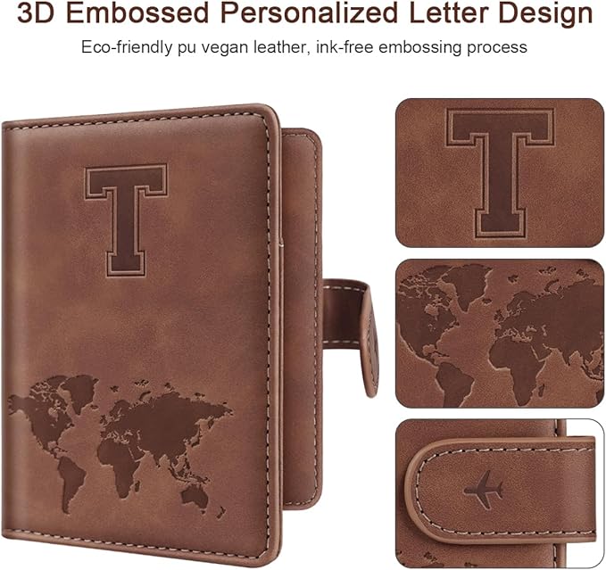 Initial Letter T Passport Cover Personalized RFID Blocking Passport Wallet for Adults, Travel Passport Book Holders for Women and Men, 4 Card Slots, Magnetic Closure