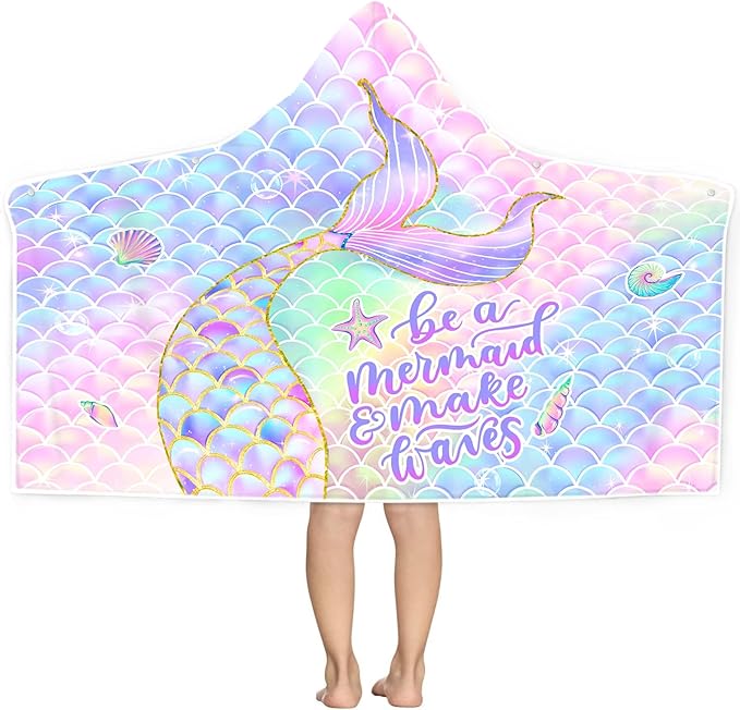 Bonsai Tree Mermaid Beach Towel, Mermaid Tail Towel for Girls with Hood, Kids Bath Hooded Poncho 30" x 50", Pink Scales Microfiber Absorbent Soft Bath Poncho Bathrobe for Swin Pool