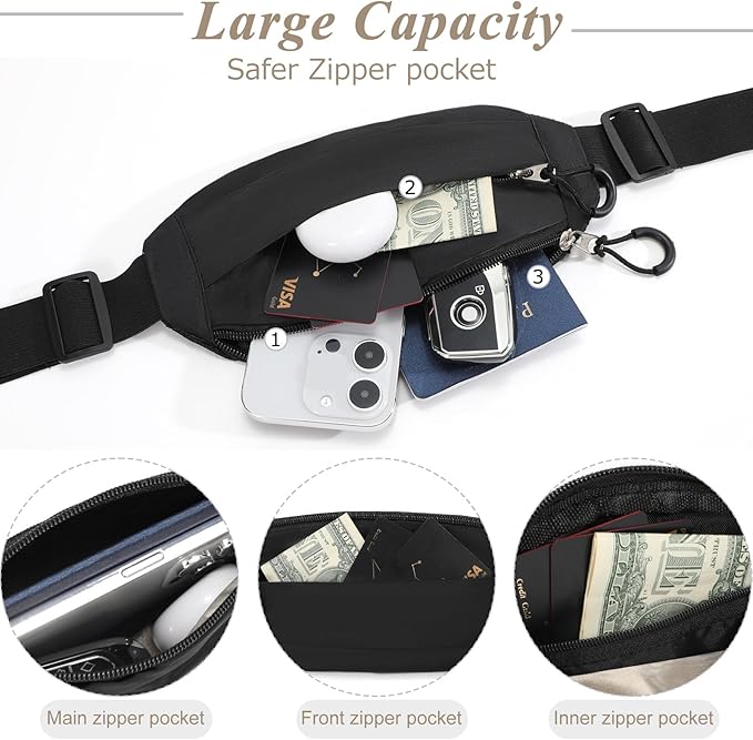 SUOSDEY Money Belt bag for Travel, Men Women RFID Fanny Pack for Hiking Running Crossbody Waist Bag Passport Bag black