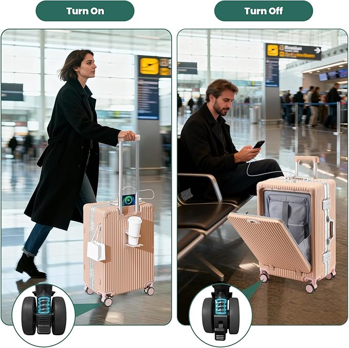 24-Inch Aluminum Frame Checked Luggage, Expandable Hard Shell Spinner Suitcase with Front-Open Pocket, USB Port, Phone Holder & Cup Holder for Men & Women Travel, Pink