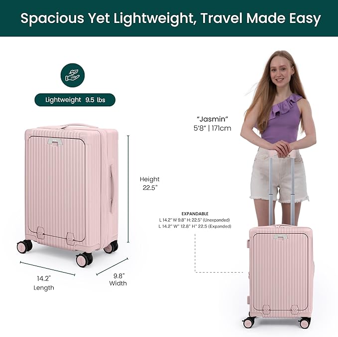 Nobl Travel Carry On Expandable Luggage, Noble Aluminum Frame PC Hard Shell Suitcase, 22.5”x14.2”x9.8” Airline Approved, 360° Spinner Wheels, TSA Locks, USB Charging, Cup & Phone Holder - Blush