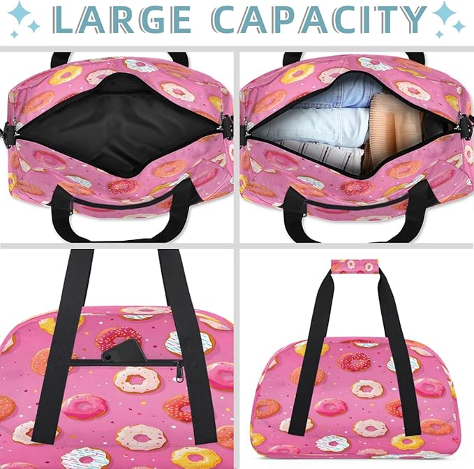 Travel Duffle Bag, Pink Donut Waterproof Weekender Overnight Bags for Women Men Lightweight Carry on Duffle Gym Bag for Travel, Sports, Fitness, Workout