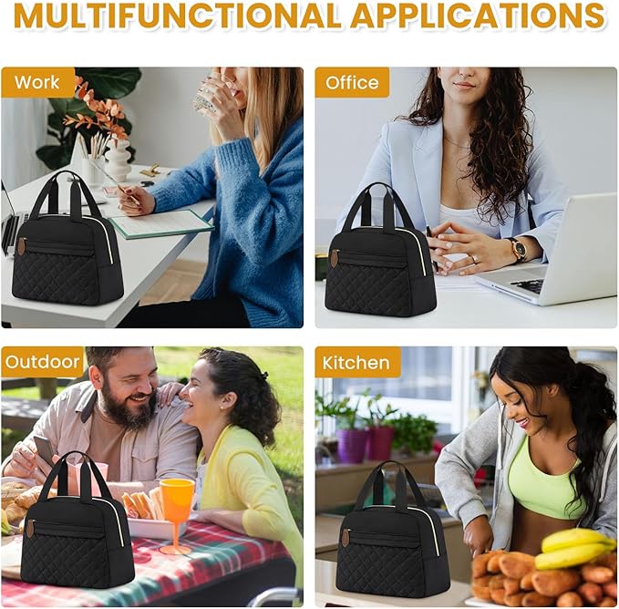 Insulated Lunch Bag for Women, Portable Lightweight Lunch Box for Adults, Reusable Lunch Tote Cooler Bags with Front Zipper Pocket for Work School Picnic(Black, Large)