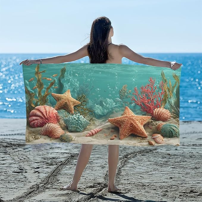 Seaweed Shells Starfish Beach Towel, Large Microfiber Quick Dry Lightweight Pool Bath Towels Sand Free Beach Blanket for Summer Cruise Yoga Camping Travel Vacation Essentials 31 x 61 in