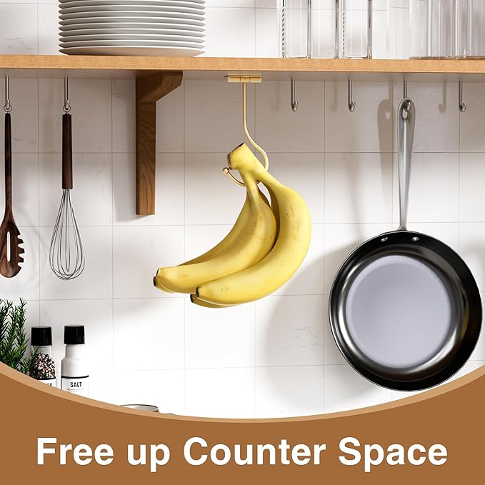 Modern Banana Hanger Hook Under Cabinet: Adhesive Banana Holder, Foldable with Magnets When Not in Use, Under Counter Banana Hook, Stainless, Hold 13 LB, Gold, 2 Pack