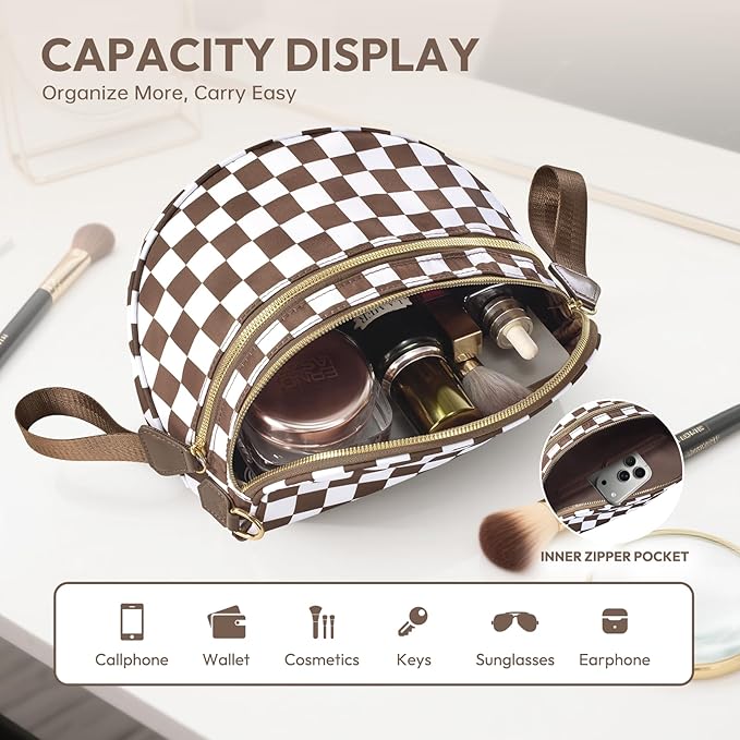 Cross Body Bag for Women Checkered Crossbody Bags Bum Bags for Women Fanny Packs for Girls Small Nylon Checkered Purse Trendy Shoulder Bag (Checkered White Brown, One Size)