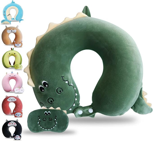 Sexysamba Cartoon Headrest & Neck Pillow for Kids Boys & Girls, Teens, Travel Accessories for Airplane, Car, Recline, Memory Foam Cute Travel Pillow with Sleep Eye Mask - Dinosaur
