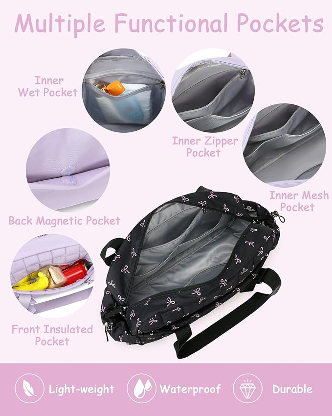 CAMTOP Mini Gym Bag for Women, Small Gym Tote Bag Puffy Quilted Sports Duffel Bag with Wet Compartment and Coin Purse Duffel Bags Dance Yoga Workout Bag for Gifts (Black Bow, Medium-16")