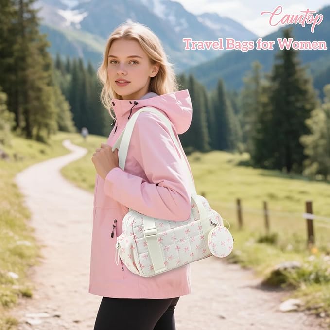 CAMTOP Mini Gym Bag for Women, Small Gym Tote Bag Puffy Quilted Sports Duffel Bag with Wet Compartment and Coin Purse Duffel Bags Dance Yoga Workout Bag for Gifts (Beige Pink Bow, Mini-12.6")
