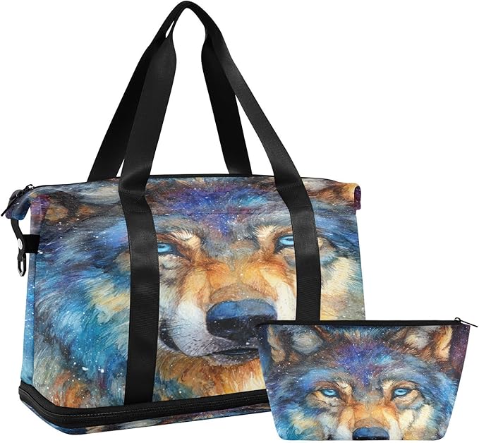 Travel Duffel Bags for Women Cosmic Wolf Portrait Print Sports Duffel Bags Gym Bags with Shoes Compartment Tote Bag Weekender Bag for Travelling