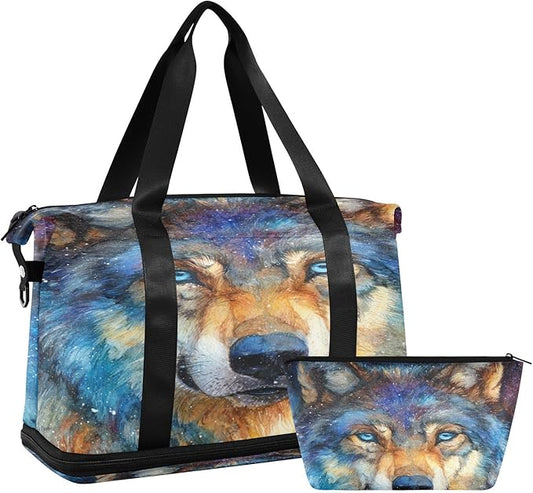 Travel Duffel Bags for Women Cosmic Wolf Portrait Print Sports Duffel Bags Gym Bags with Shoes Compartment Tote Bag Weekender Bag for Travelling