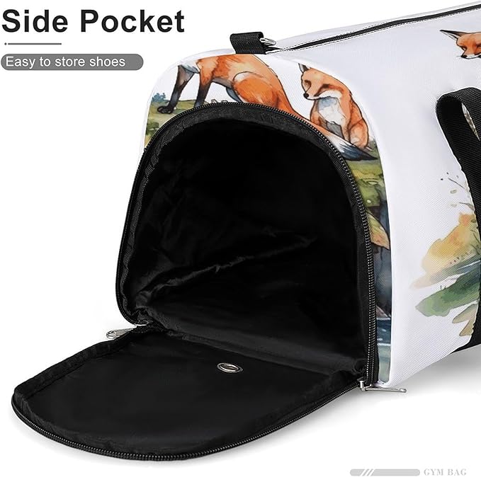 Oxford Cloth Hand Drawn Fox Gym Bag,Duffle Bag with Shoes Compartment And Adjustable Shoulder Straps，Weekender Bags for Men Women.