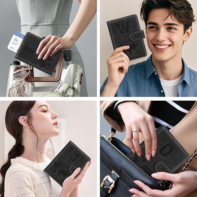 Passport Holder Wallet Cover Personalized Letter A-Z Travel Wallet RFID Blocking Passport Cover Wallet Case for Travel Passport Book Holders for Women and Men, Black-E