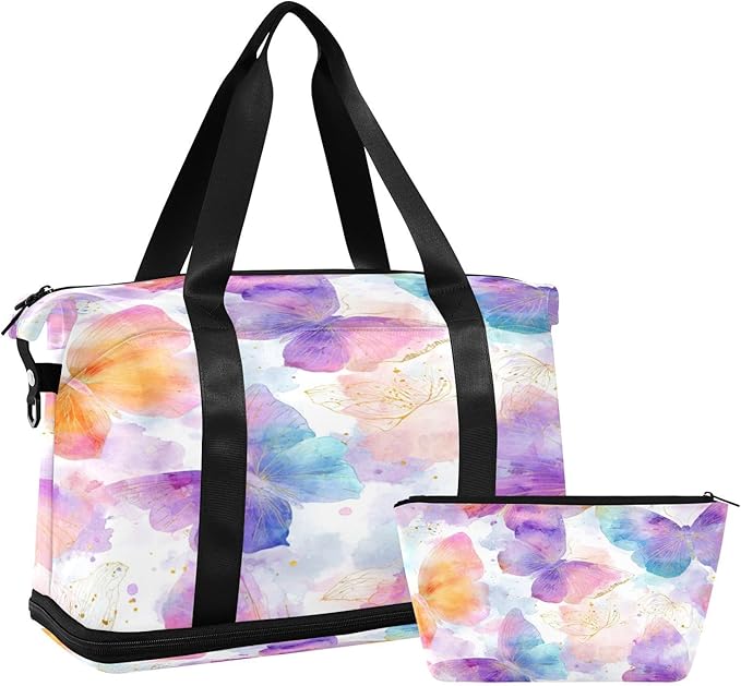 Travel Duffel Bags for Women Soft Watercolor Butterfly Sports Duffel Bags Gym Bags with Shoes Compartment Tote Bag Weekender Bag for Travelling