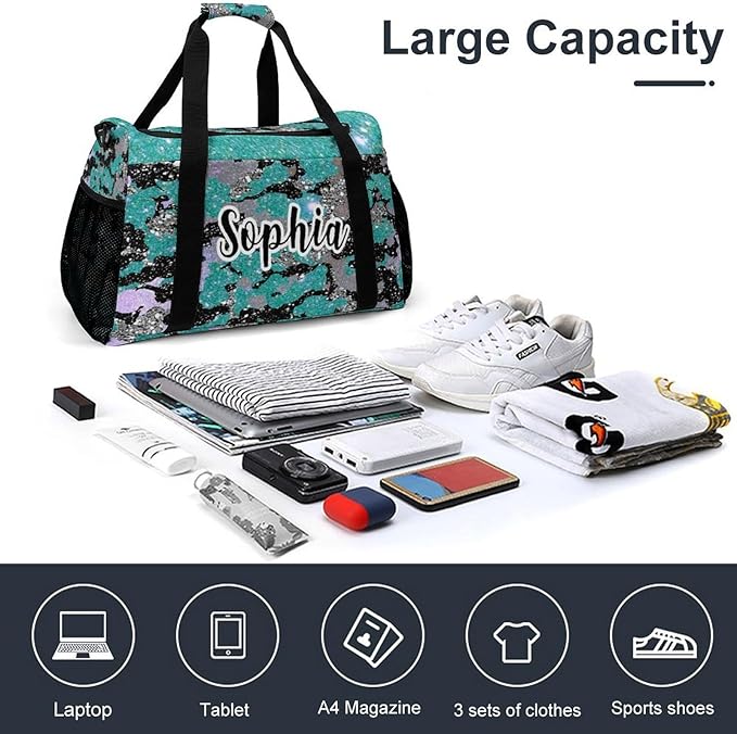 Personalized Teal Blue Camouflage Sequin Print Duffle Bags (Can Store Shoes) with Name for Women Man Custom Travel Perform Training Bags