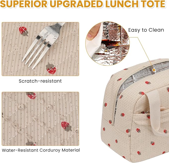 Insulated Lunch Bag for Women, Portable Lightweight Lunch Box for Adults, Reusable Small Lunch Tote Cooler Bags with Front Zipper Pocket for Work School Picnic(Corduroy Strawberry)