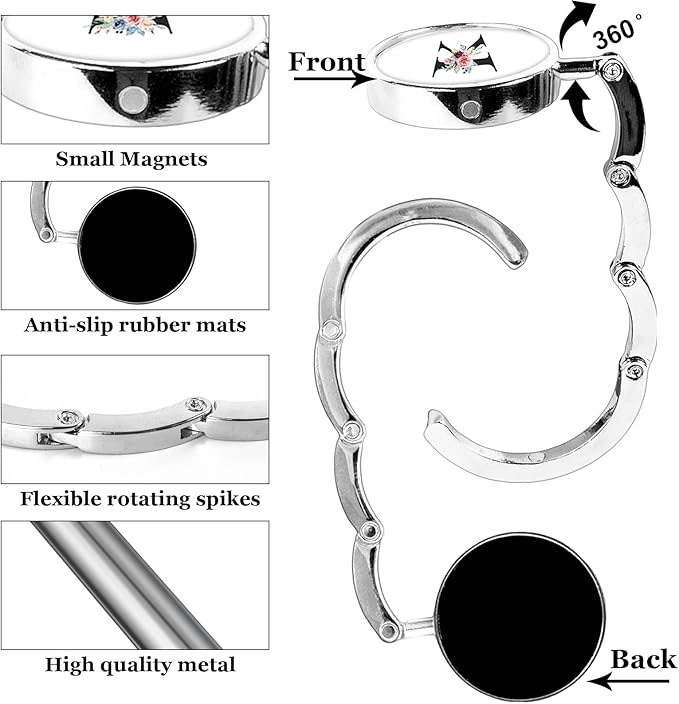 XSUIOY 3Pcs Personalized Initial Foldable Purse Hook for Table,Crushed Flower Letters Folding Purse Hanger,Purse Holder Handbag Hanger Collection Desk Table Bag Hooks Gifts for Women Bag(Black-K)