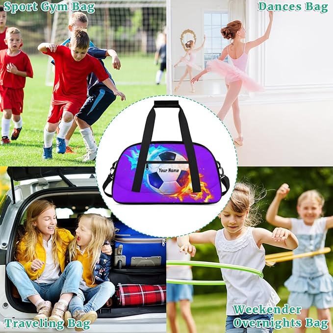 Purple Soccer Personalized Duffel Bag for Girls Boys Custom Name Sport Gym Bag Small Overnight Weekender for Traveling Gymnastic Ballet